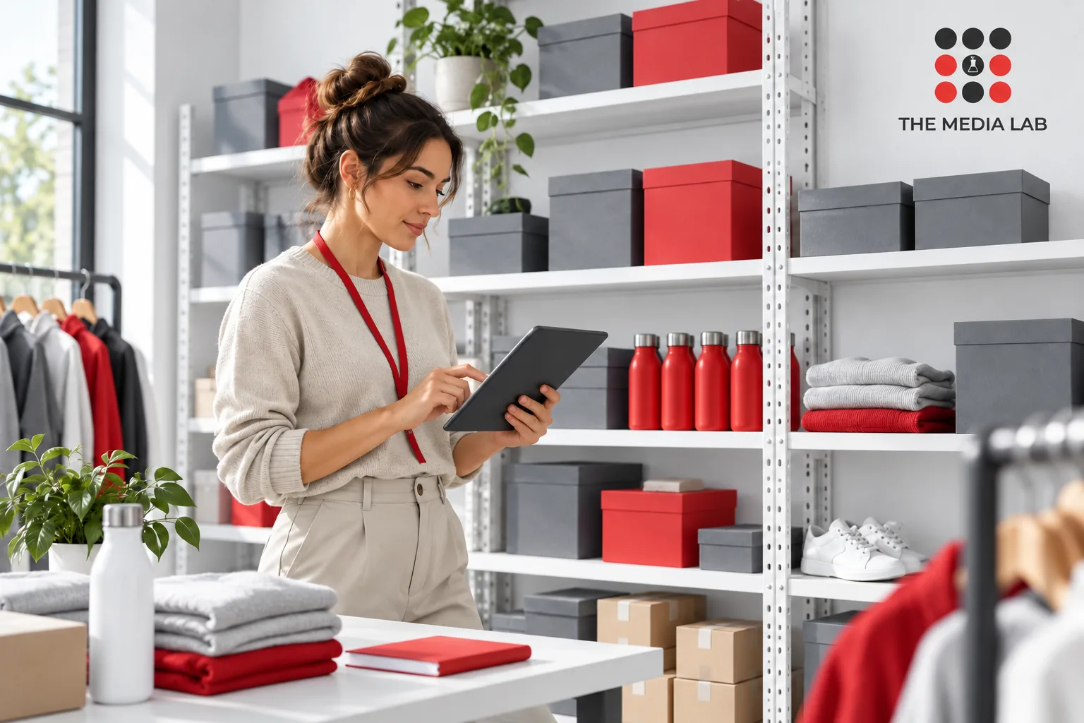 Retail manager reviewing stock on a tablet, illustrating data-informed retail planning for The Media Lab.
