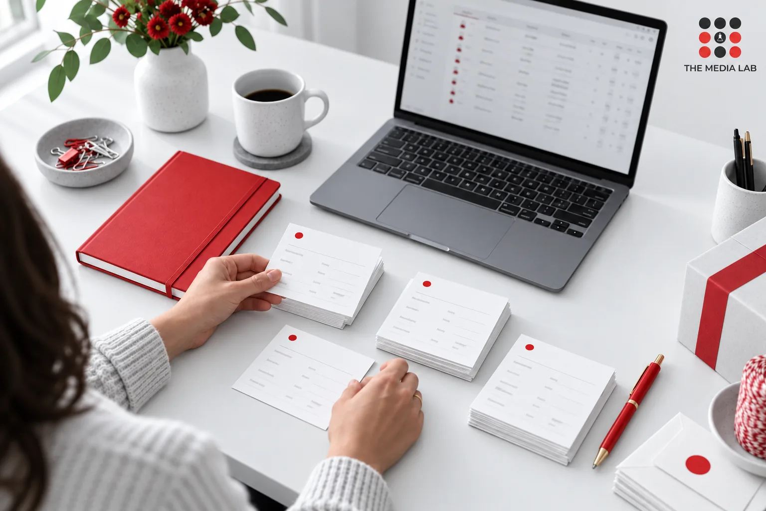 Business owner organising anonymous customer records beside a laptop, illustrating customer data quality for The Media Lab.