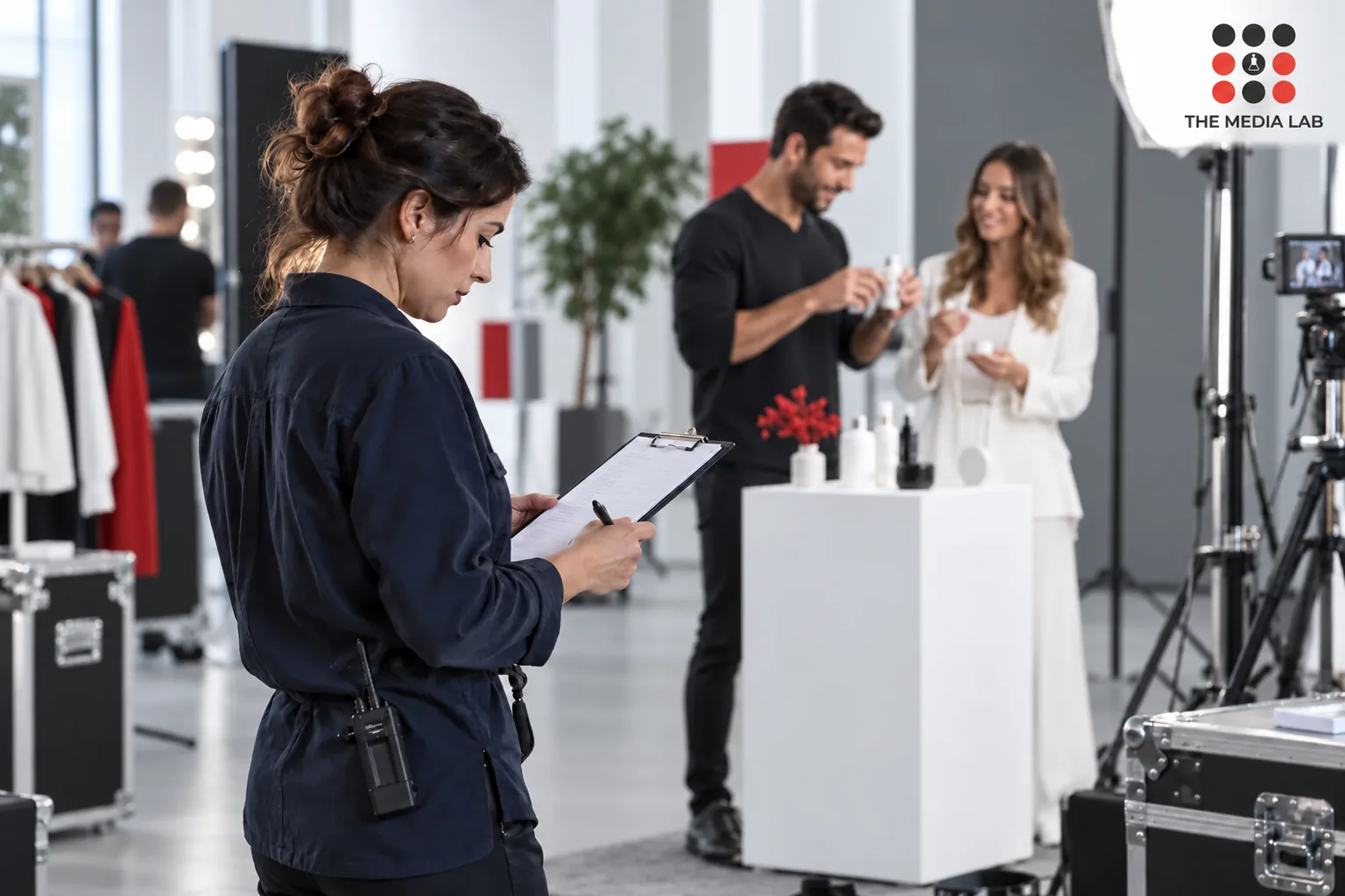 Campaign coordinator checking a brief while creators prepare a demonstration, illustrating influencer programme delivery for The Media Lab.
