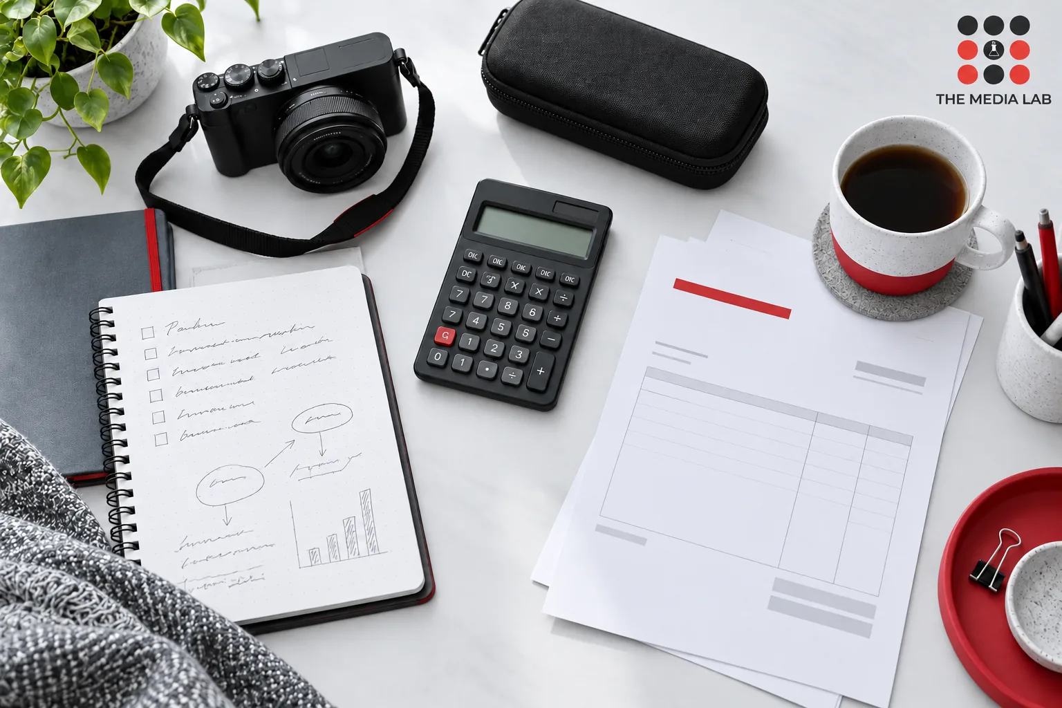 Camera, calculator and planning notebook on a creator’s desk, illustrating influencer income and production costs for The Media Lab.